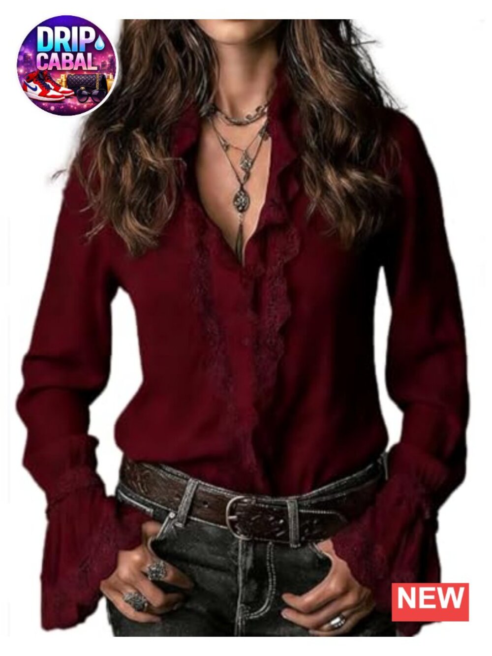 Womens Button Down Shirt Long Bell Sleeve Lace Trim Ruffle Collar Blouse